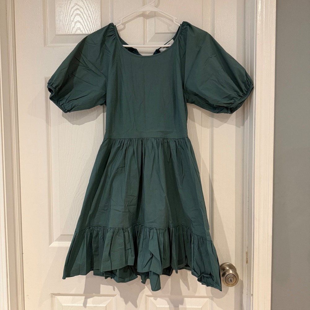 Peter Som Anthropologie Green Puff Sleeve Open Back Ruffle Hem Mini Dress Size 2